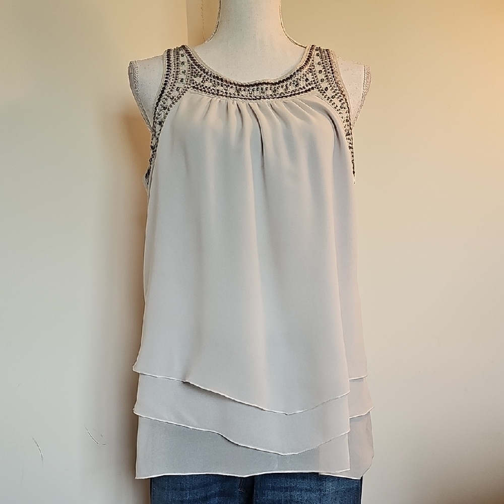 White House Black Market Layered Beaded Blouse - Grey